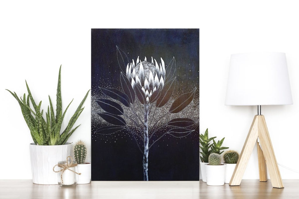 Protea Woodblock Painting Blue White 25x35cms No 15 - Artista Style
