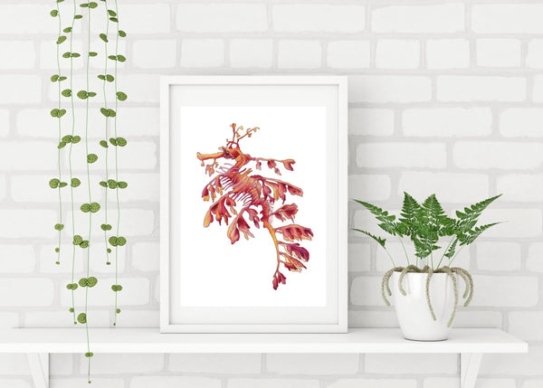 Red Leafy Sea Dragon Seahorse Watercolor Art Print Beach House Art Coastal Decor - Artista Style
