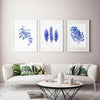 SET OF 3 BLUE ART PRINTS SEADRAGON OCTOPUS FEATHER - Artista Style