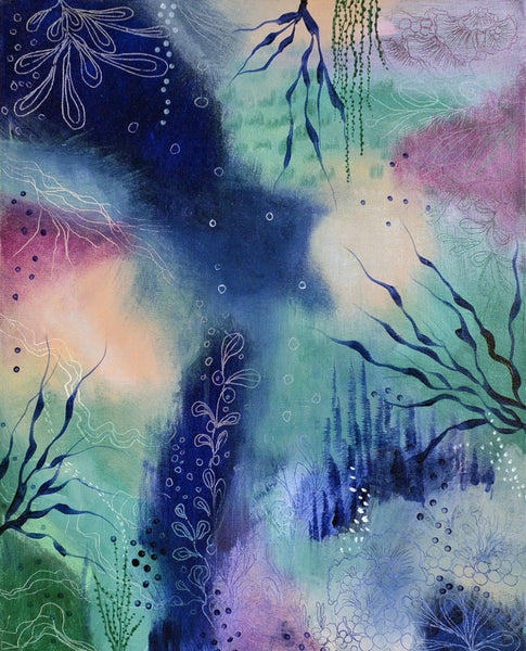 Small Abstract Painting 40 x50 cms 16x20 inches Indigo Blue Peach Mint Berry 'Underwater Garden' - Artista Style