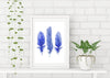 Three Blue Feathers Archival Watercolour Art Print Shibori Blue Hamptons Style Decor - Artista Style