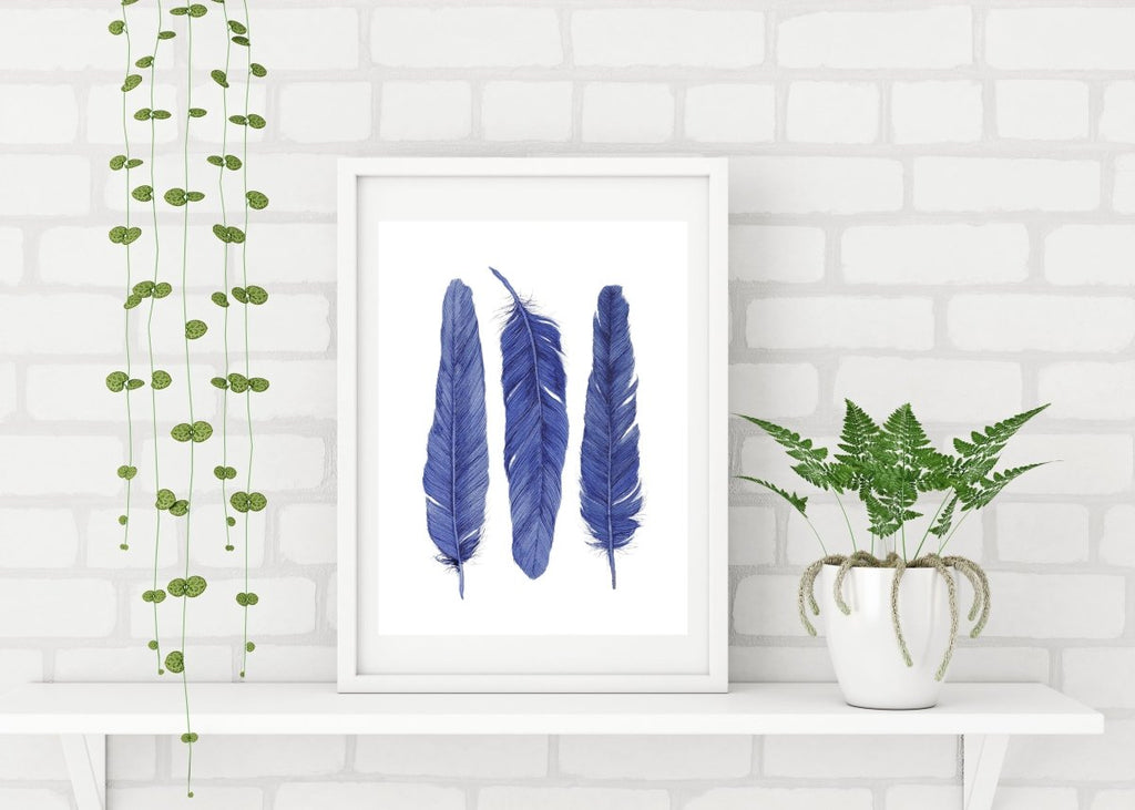 Three Shibori Blue Feathers Watercolour Art Print - Artista Style