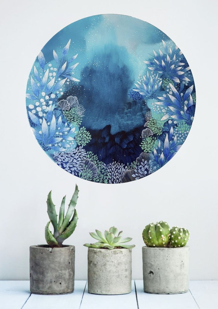 Turquoise blue and white painting coral reef inspired semi abstract round painting 'The Way' 50cms diameter - Artista Style