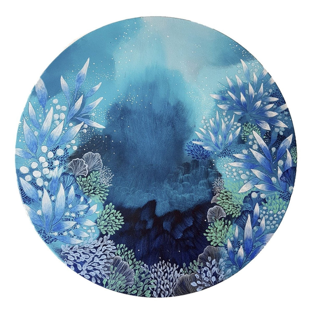 Turquoise blue and white painting coral reef inspired semi abstract round painting 'The Way' 50cms diameter - Artista Style