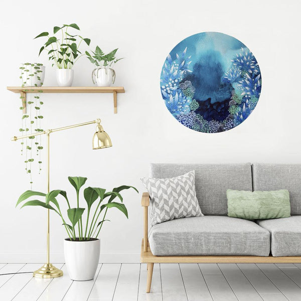 Turquoise blue and white painting coral reef inspired semi abstract round painting 'The Way' 50cms diameter - Artista Style