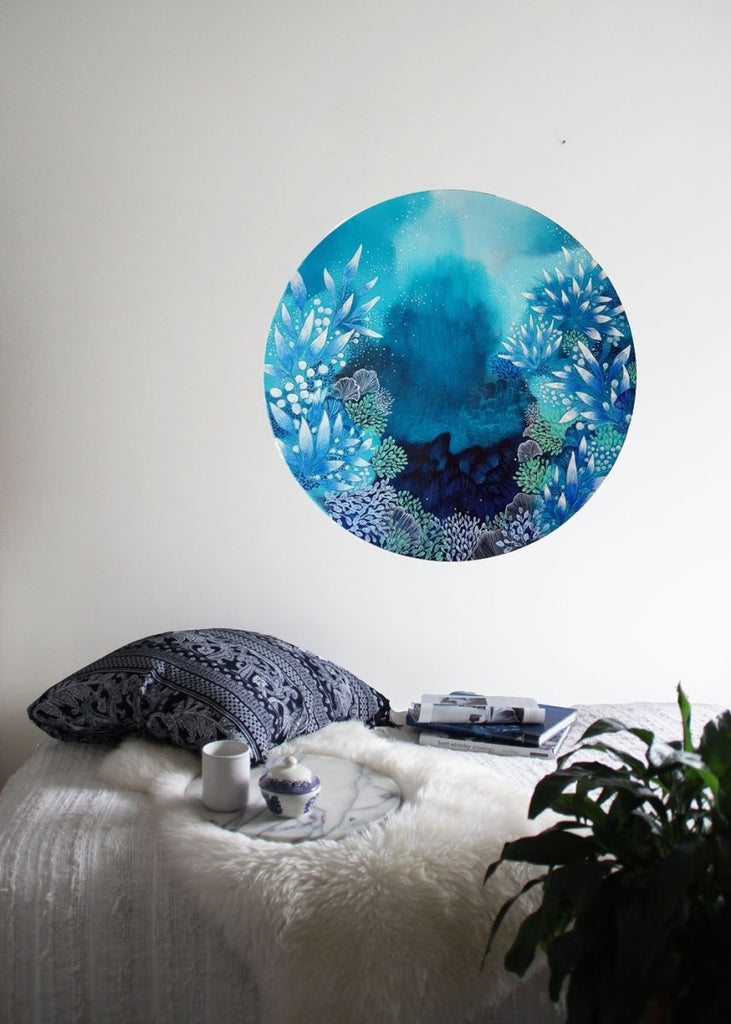 Turquoise blue and white painting coral reef inspired semi abstract round painting 'The Way' 50cms diameter - Artista Style