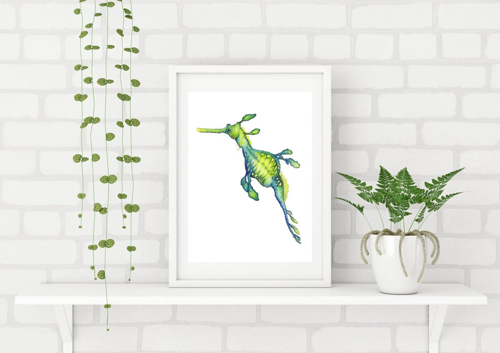 Turquoise Weedy Seadragon Seahorse Archival Art Print of an Original Watercolour Painting - Artista Style