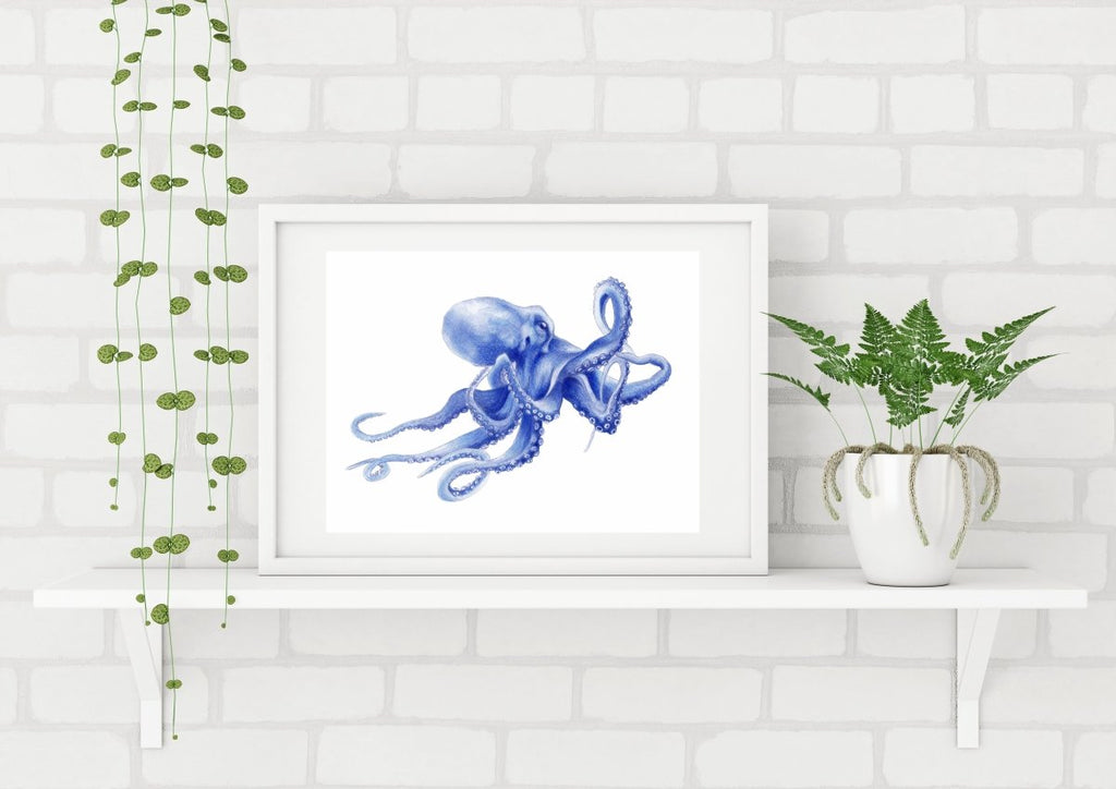 Ultramarine Octopus Watercolour Painting Archival Art Print in Shibori Blue Hamptons Style Decor - Artista Style