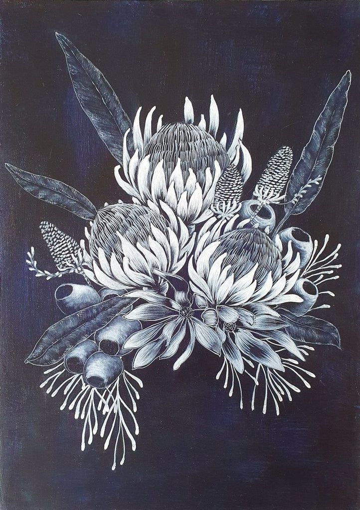 Waratah Bouquet Woodblock Painting Blue White 25x35cms No 13 - Artista Style