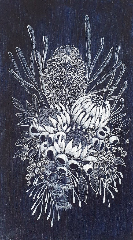 Wildflower Bouquet Woodblock Painting Indigo Blue White 14 x 25cm No 18 - Artista Style