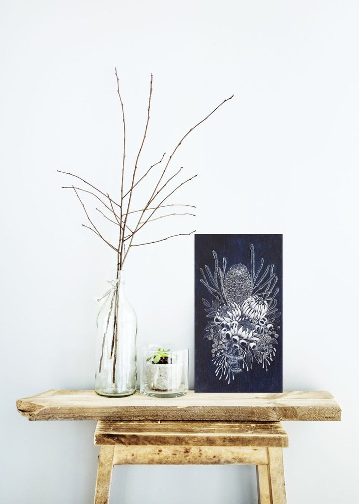 Wildflower Bouquet Woodblock Painting Indigo Blue White 14 x 25cm No 18 - Artista Style